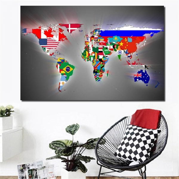 Colorful National Flags World Maps Painting Prints on Canvas Gray Abstract World Maps Wall Picture Poster for Office Room Decor - Image 2