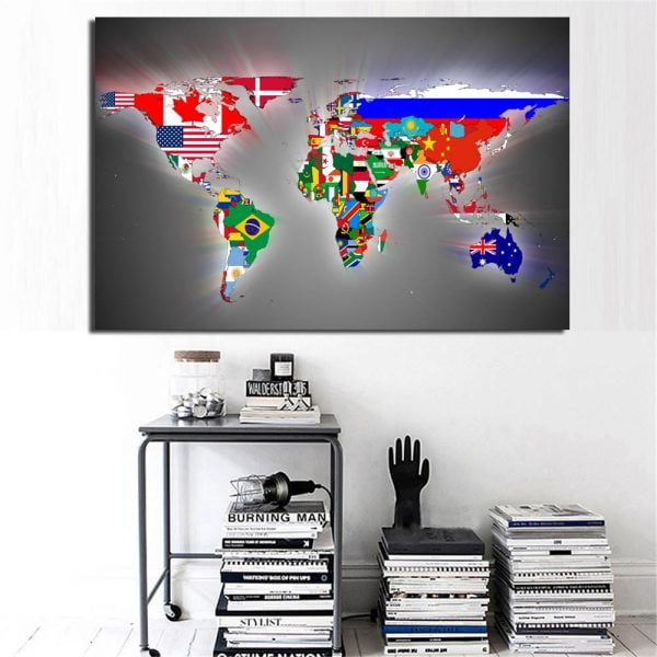 Colorful National Flags World Maps Painting Prints on Canvas Gray Abstract World Maps Wall Picture Poster for Office Room Decor - Image 3