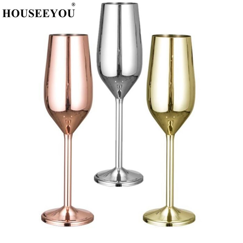 HOUSEEYOU Copper/Silver/Rose Gold Wine Glasses Stainless Steel Goblet