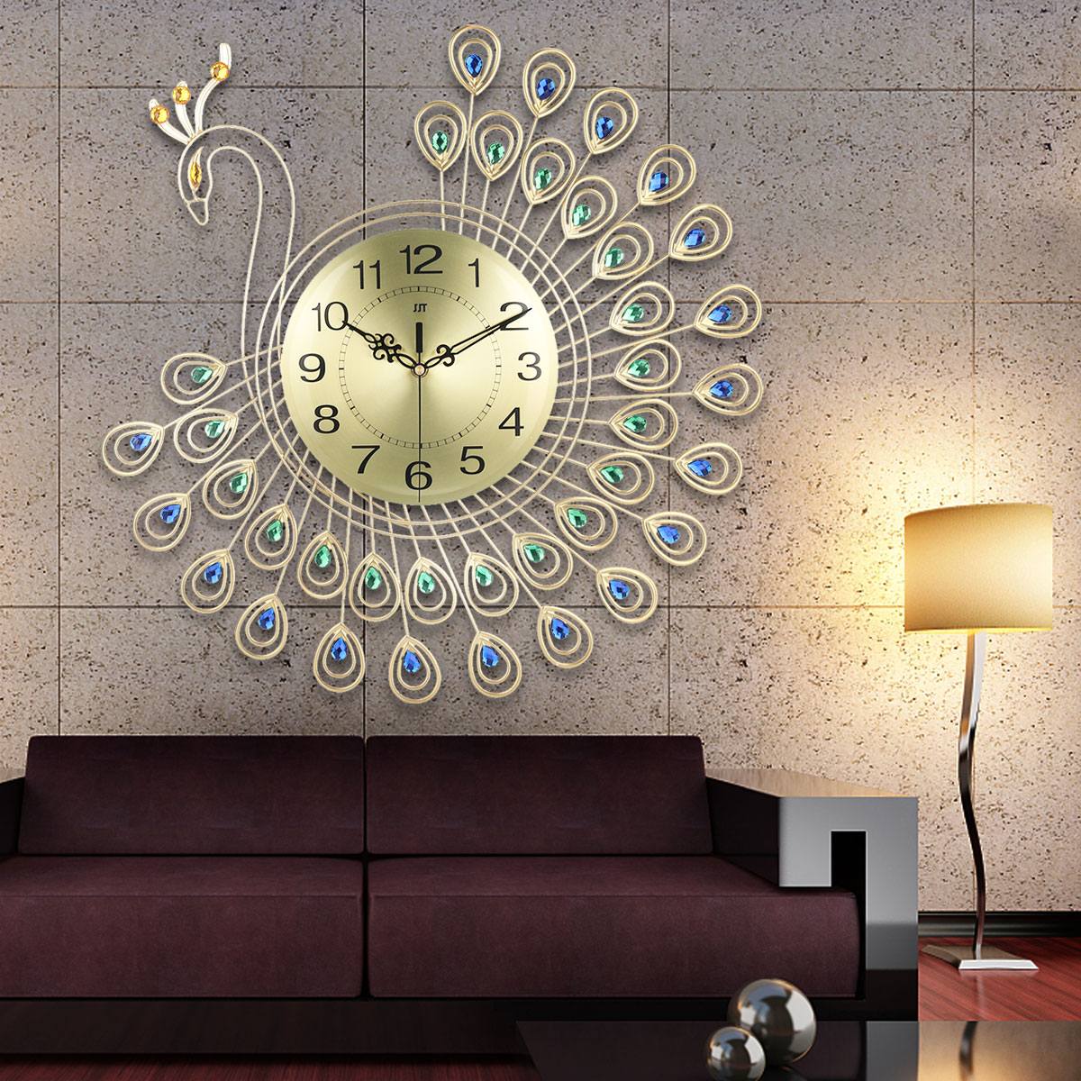 Large 3D Gold Diamond Peacock Wall Clock Metal Watch for Home Living