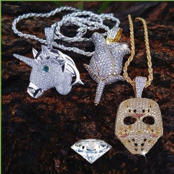 Rhinestone Mask Long Necklace Stainless Steel Pendant Necklace Hip Hop Broken Heart Necklaces Jewelry Gift Chain Necklace - Image 2