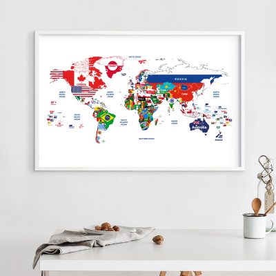 Map of the World Jointed with Countries Flags Poster Canvas Art Prints Creative Map Painting Wall Picture Living Room Home Decor