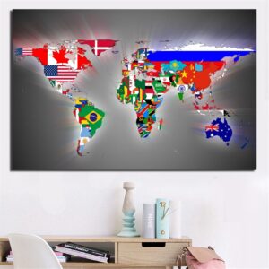 Colorful National Flags World Maps Painting Prints on Canvas Gray Abstract World Maps Wall Picture Poster for Office Room Decor