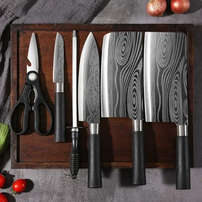 Stainless Steel Damascus Pattern Chef Knife Set – Utility Knife, Scissors, Honing Rod, Professional Sharp Cooking Tools