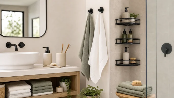 Organized modern bathroom with wall hooks, storage shelves, towels, and soap dispensers