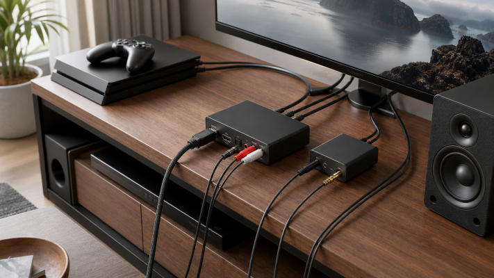 HDMI audio extractor connecting a game console, television and speakers