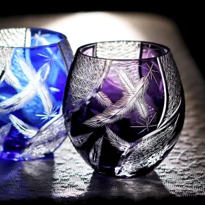 Edo Kiriko Hand-Cut Crystal Whiskey Glass – Purple Feather Pattern