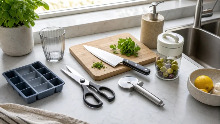 Chef knife, kitchen scissors, pizza cutter, ice tray and storage jar on a kitchen counter