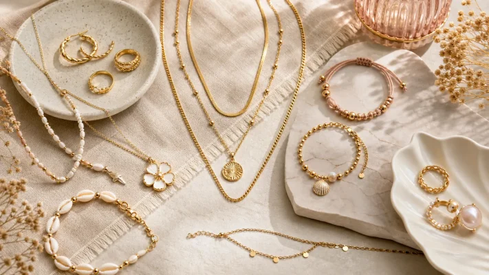 Fashion jewelry flat lay with layered necklaces bracelets shell details and warm neutral styling