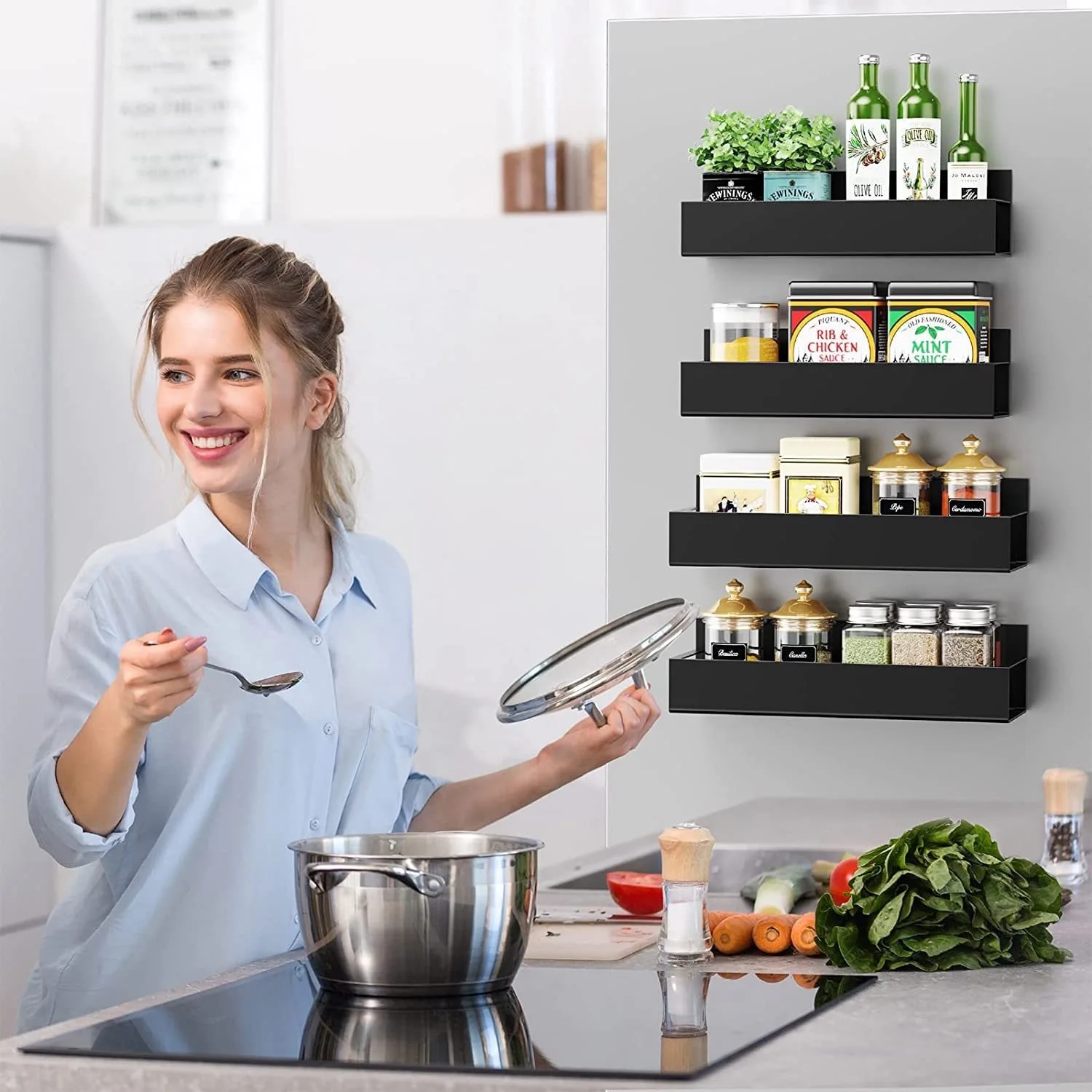 Magnetic Spice Rack Organizer for Fridge – 4 Pack, Black - Image 6