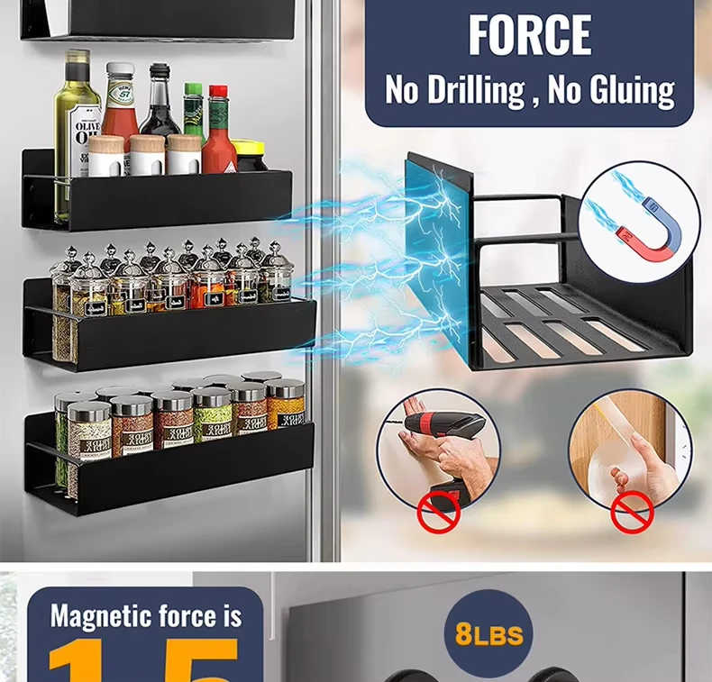 Magnetic Spice Rack Organizer for Fridge – 4 Pack, Black - Image 3