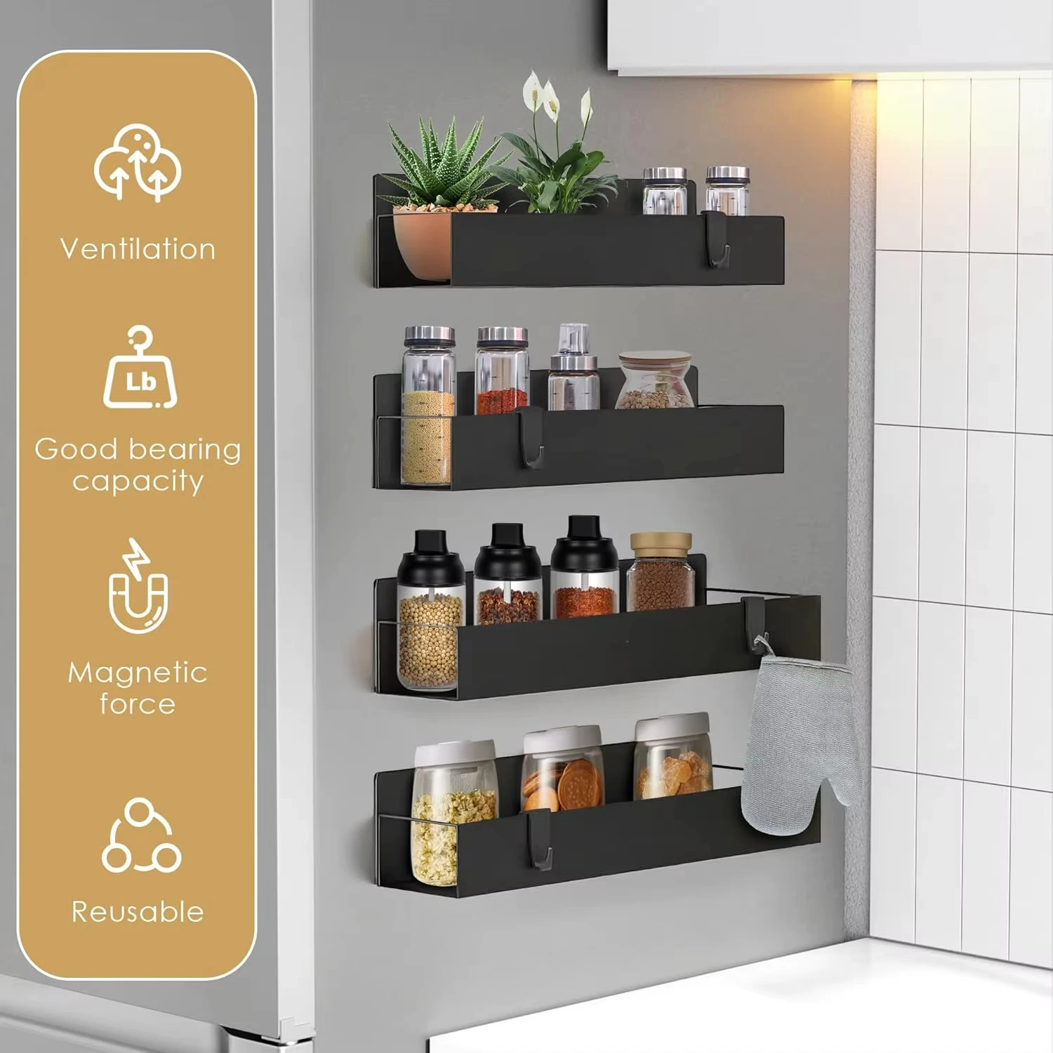 Magnetic Spice Rack Organizer for Fridge – 4 Pack, Black - Image 4