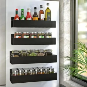 Magnetic Spice Rack for Refrigerator – Kitchen Storage Shelf, Black (4 Pack)