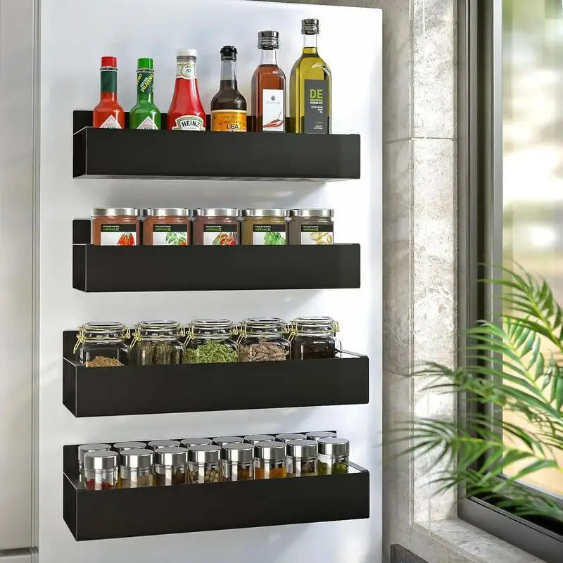 Magnetic Spice Rack for Refrigerator – Kitchen Storage Shelf, Black (4 Pack) Magnetic Spice Rack for Refrigerator – Kitchen Storage Shelf, Black (4 Pack)
