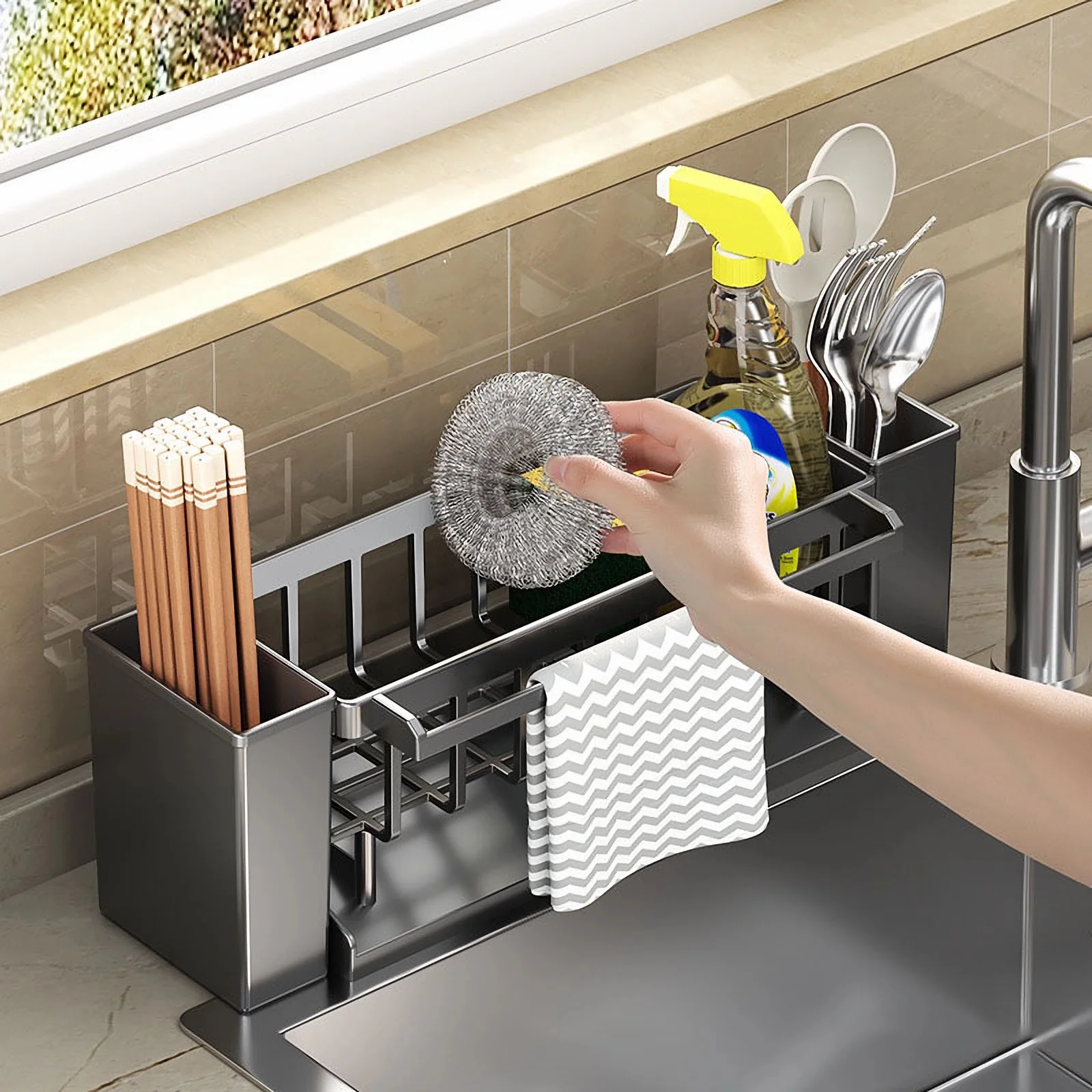 Kitchen Sink Organizer with Sponge and Brush Holder - Image 2