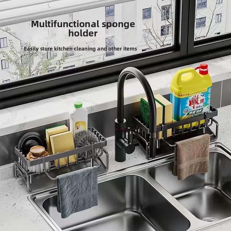 Kitchen Sink Sponge Holder with Drain Rack and Hanging Hook - Image 2
