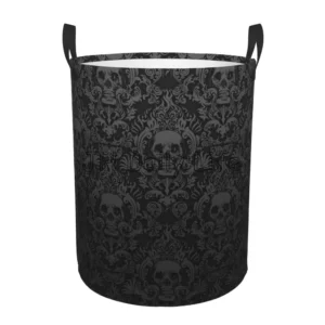 Waterproof Goth Gothic Black Skull Damask Circular Hamper Round Laundry Baskets Foldable Laundry Bags for Bathroom Bedroom Dorm