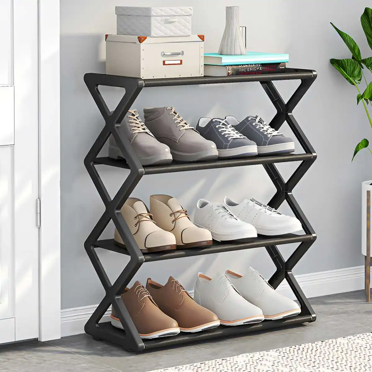4-Tier X-Shape Dustproof Shoe Storage Rack – Foldable & Space-Saving - Image 3
