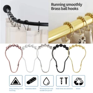 Metal Shower Curtain Hooks with 5 Rolling Balls – Set of 12