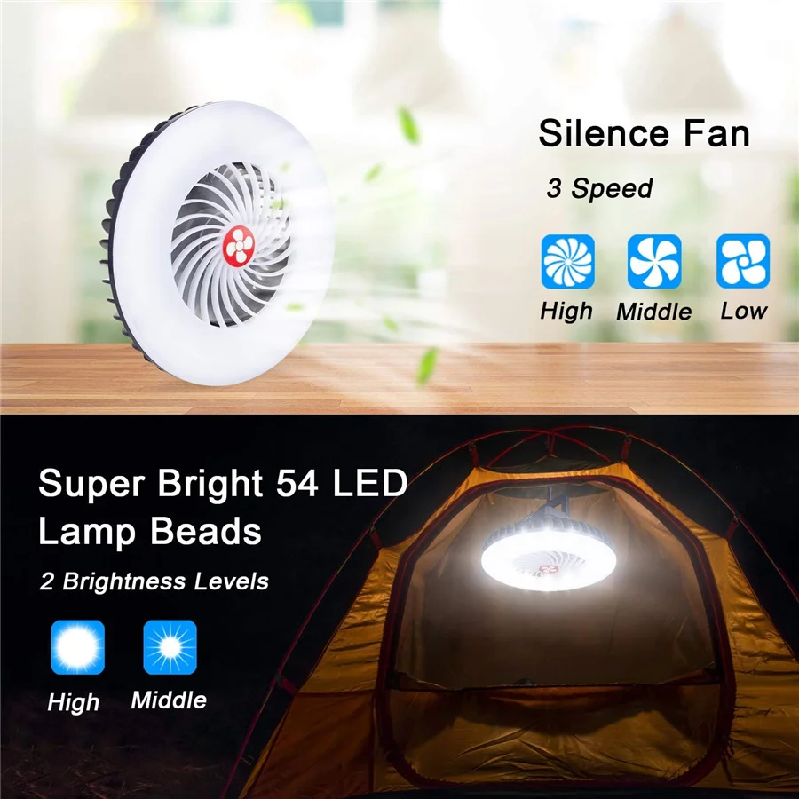 2 in 1 Camping Fan Light Multifunction LED Rechargeable Tent Hanging Fan Lamp Portable Summer Cool Fan Lantern with Power Bank - Image 2