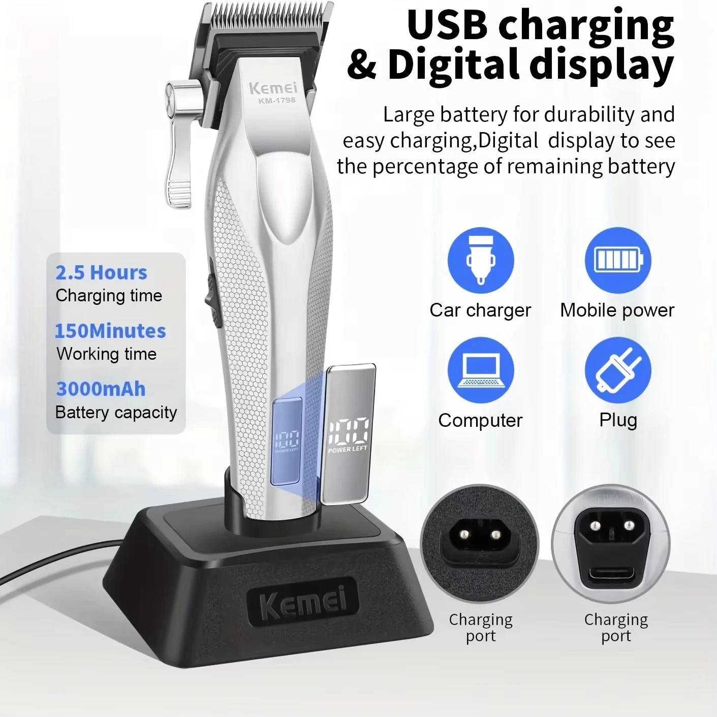 Kemei Professional Rechargeable Hair Clipper Set for Men - Image 3