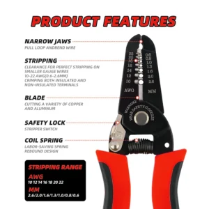Wire Stripper Crimper and Cutter with Safety Lock and Coil Spring