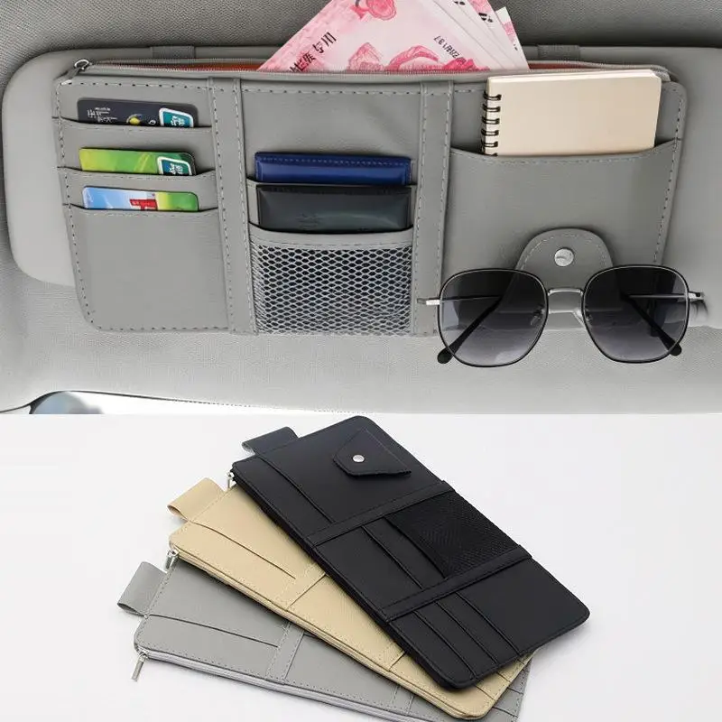 PU Leather Car Sun Visor Organizer with Sunglasses Clip & Zipper Pocket PU Leather Car Sun Visor Organizer with Sunglasses Clip & Zipper Pocket