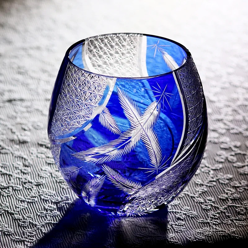 Edo Kiriko Hand-Cut Crystal Whiskey Glass – Purple Feather Pattern - Image 2