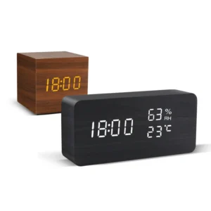 LED Wooden Pattern Digital Alarm Clock with Voice Control