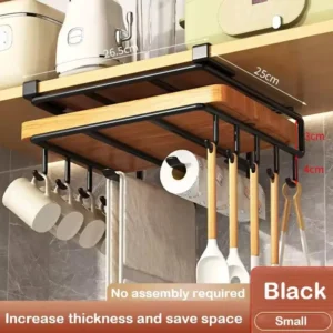 Under Cabinet Kitchen Organizer Rack with Hooks for Towels & Lids
